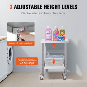 Tavolo da Lavoro in Acciaio Inox Resistente con Capacità di Carico di 700 LBS, 12 X 24 X 34 Pollici, 4 Ruote, 3 Livelli di Altezza Regolabili per Alimenti - Product Image 4