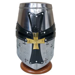 Grand casque de chevalier templier en acier doux de calibre 18 avec accents en laiton pour cosplay et reconstitution. - Product Image 1