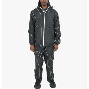 Ensemble de survêtement 2 pièces pour homme, style streetwear, avec passepoil contrastant, veste à capuche et pantalon de jogging, tenue urbaine hip-hop - Product Image 1