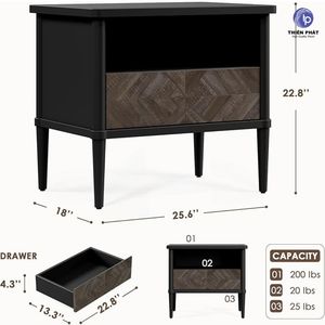 โต๊ะข้างเตียงไม้จริงสไตล์โมเดิร์น พร้อมลิ้นชักลายก้างปลาและช่องเก็บของแบบเปิด - Product Image 4