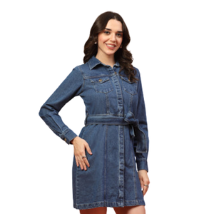 Robe chemise en jean longue pour femme, décontractée et tendance, en coton, fabrication et vente en gros - Product Image 3