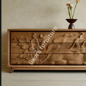 Cajón de TV de Madera Maciza de Lujo Hecho a Mano con Relieve Floral Ornamental de Garza y Paisaje en Roble - Product Image 4