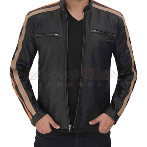 Veste de moto en cuir noir pour homme GARIOX APPAREL OEM, avec rayures orange, manches longues, design protecteur, toutes saisons - Product Image 6