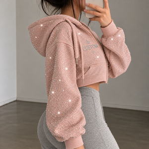 Sweat-shirt zippé vintage de luxe en coton tricoté pour femme, style streetwear, entièrement orné de strass, coupe courte, vente en gros, fournisseur de mode - Product Image 2