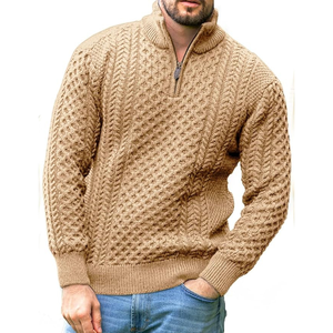 <b>Men's</b> Winter <b>Wool</b> Acrylic Patchwork <b>Cardigan</b> Mandarin Collar Zipper Closure Full Sleeve Thick Knit Jacket - Product Image 5