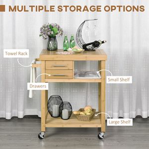 Carrello da Cucina Moderno ed Ecologico in Bambù con 2 Cassetti e Ripiani Aperti su Ruote per Maggiore Durabilità - Product Image 4