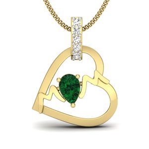 Yellow Gold Heart <b>Pendant</b> With Pear Cut <b>Emerald</b> And Diamond Accents For Women's Everyday Wear - Product Image 1