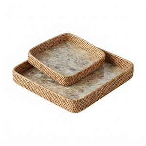 Plateau en rotin artisanal en nacre, écologique, en osier naturel, avec incrustation de coquillages de luxe, carré, pour service et décoration, vente en gros - Product Image 1