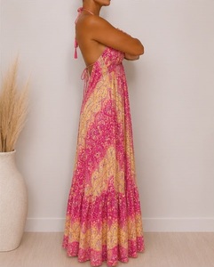 Women's Pink & Beige Paisley Print Boho <b>Halter</b> Maxi <b>Dress</b> A-Line Sleeveless Loose Fit <b>Summer</b> Casual Floor-Length Ruffles - Product Image 3