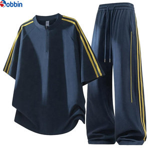Conjunto Deportivo Unisex de Estilo Moderno, Negro, con Top de Manga Corta con Cierre de Media Cremallera y Rayas, Pantalones Holgados con Cordón Ajustable, Transpirable, Deportivo, para Verano - Product Image 2