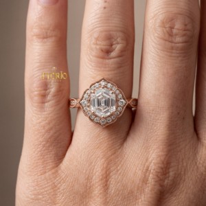 Anillo de compromiso con diamante de laboratorio hexagonal, halo, oro rosa, estilo vintage, joya personalizada, mayorista - Product Image 6