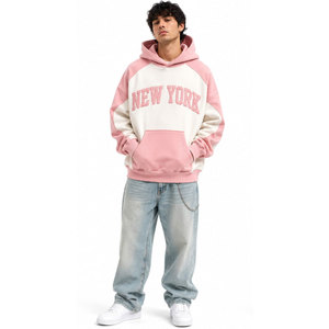 <b>Pink</b> Unisex Hooded Sweatshirt With New York Print Raglan Sleeve Oversized Casual Design Front Pocket Autumn Wear - Product Image 3