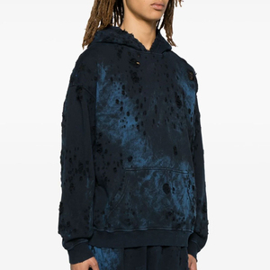Shredded Look Everyday Distressed Hoodie Laid-Back Ripped Style Cotton Blended Fleece Lined Warm Distressed Hoodie - Product Image 3