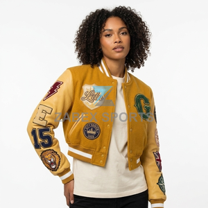 Chaqueta de Béisbol para Mujer, Estilo Letterman, OEM ODM, Mezcla de Lana, Mangas de Cuero Genuino, Otoño, Impermeable, Resistente al Viento, Personalizable - Product Image 4