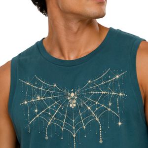 Débardeur sans manches bleu sarcelle avec imprimé graphique toile d'araignée, gilet en coton personnalisé pour homme, col rond, mode streetwear décontractée d'été - Product Image 5