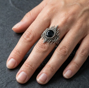 New Arrival Black Onyx Gemstone 8mm Round Shape 925 Silver <b>Oxidize</b> Plated Bezel Setting Crown Design Fashion Ring For Men's Gift - Product Image 5
