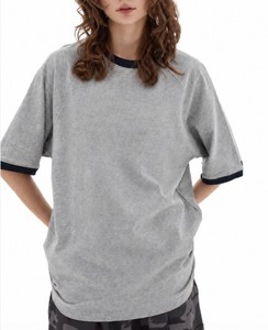 T-shirt gris en coton à col rond pour femme, coupe ample, manches courtes, couleur unie, style décontracté streetwear, haut en jersey respirant, OEM ODM - Product Image 1