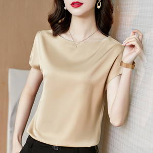 Camiseta de Mujer de Seda Satén Roja con Manga Casquillo y Cuello Redondo, Elegante, Color Sólido, Manga Corta, Corte Regular, Antiarrugas, para Primavera/Verano - Product Image 4