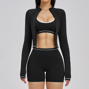 Ensemble de yoga 2 pièces pour femmes, short taille haute, haut court sans couture, manches longues, noir uni, tenue de sport, spandex, polyester, séchage rapide - Product Image 1