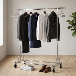 Porte-manteau autoportant moderne en fer avec roulettes, support de rangement portable pour vêtements, design minimaliste, mobilier de salon - Product Image 1