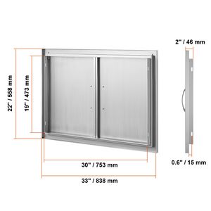 Double Outdoor Kitchen Door 33W X 22H Inch Stainless Steel Flush Mount <b>BBQ</b> Access Door with Vertical Wall Handles - Product Image 2