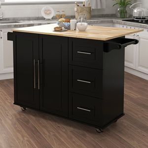 Isola da Cucina in Legno Massello con Piano Estensibile Nero, Dotata di Portaspezie e Portasciugamani - Product Image 2