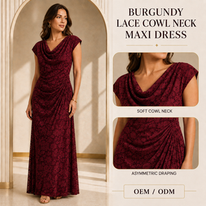 Abito Lungo da Sera con Collo a Cappuccio in Pizzo Bordeaux OEM ODM, Maniche Corte, Etichetta Privata Personalizzata <span class=keywords><strong>per</strong></span> Vendita all'Ingrosso UE e USA - Product Image 1