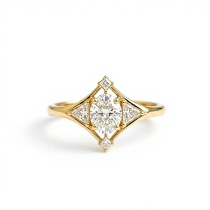 Bague de fiançailles Art Déco ovale en diamant avec accent trilobé, en or jaune 14 carats, diamant de laboratoire, sertissage géométrique en forme de cerf-volant, bague de mariage - Product Image 1