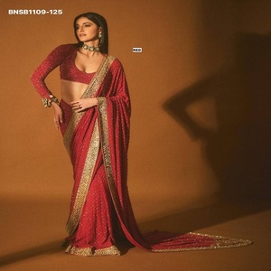 Bollywood Design Heavy Faux Georgette with Embroidery CPallu-Zari Work & Diamond-Mirror Border <b>Saree</b>-<b>Blouse</b> Set Wholesale Supply - Product Image 1