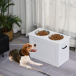 Stazione da pranzo per animali domestici rialzata bianca con ciotole in acciaio per alimenti per grandi cuccioli e mangiatoie e ciotole per animali domestici - Product Image 2