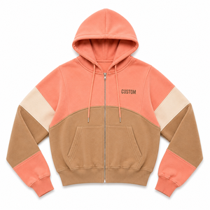 Custom Cropped Women's Hoodies Full Zip Color <b>Block</b> Crop Zip-Up Hoodie Cotton Blend Drop Shoulder Pullover Patchwork Streetwear - Product Image 3
