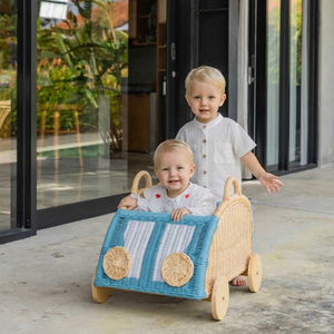 Eco Friendly Hand Woven Rattan <b>Kids</b> Storage Cart Cute Car <b>Wagon</b> Shape Rolling Wicker Basket <b>For</b> Children Wholesale - Product Image 1
