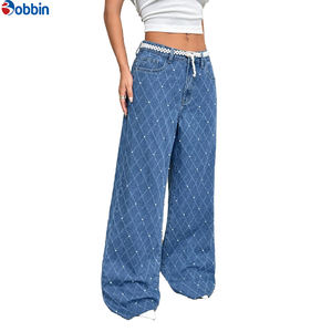 Vaqueros de mezclilla de pierna recta para mujer, personalizados, lavables, con decoración de perlas, de cintura baja, lavado arena, casuales, sencillos, para otoño/primavera - Product Image 3