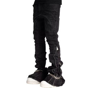 Jeans de Mezclilla Negros para Hombre, Corte Slim Fit, Estilo Moto, con Detalles de Cremallera, Tela de Algodón Lavado a la Arena, Cintura Media, para Otoño - Product Image 4
