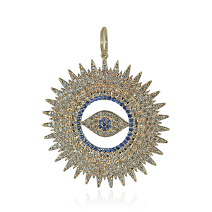 14k <b>Solid</b> Yellow <b>Gold</b> Natural Pave Diamond Blue Sapphire Gemstone Eye Charm <b>Pendant</b> Handmade Fine Jewelry - Product Image 1