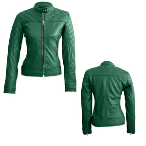 Women's Green <b>Leather</b> Motorcycle <b>Jacket</b> Quilted Stand Collar Full Sleeve Zipper Closure Solid Color Autumn Wear - Product Image 3
