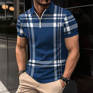 T-shirt décontracté pour homme en coton épais respirant, à manches courtes, imprimé à carreaux bleus, avec fermeture éclair sur le devant, taille 3XL - Product Image 4