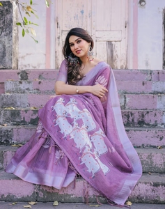 KV <b>Purple</b> Traditional Cotton Linen <b>Saree</b> with Unstitched Blouse for Party Wrinkle Free & Quick Dry - Product Image 4