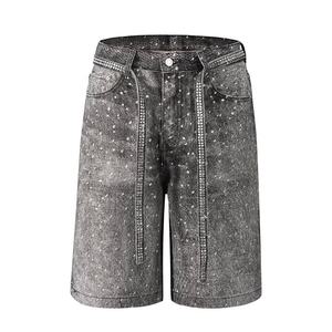 Shorts en jean unisexes de haute qualité, effet délavé, entièrement ornés de strass, sur mesure, shorts en jean brillants pour hommes - Product Image 1