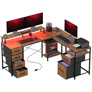 "<b>Rustic</b> Brown Reversible L Shaped Computer <b>Desk</b> with File Drawer Power Outlets & LED Lights-Bookshelf Option" - Product Image 1