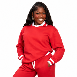 Conjunto Deportivo de 2 Piezas para Mujer, Color Rojo, con Cuello Peter Pan y Bolsillos, Ropa Deportiva Informal, Manga Larga, Corte Holgado, para Todas las Temporadas - Product Image 1