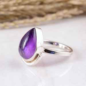 Dainty 925 Sterling Silver Purple Amethyst Pear Bezel Set Open <b>Ring</b> <b>Adjustable</b> Boho Hippie Wedding Party Handmade Artisan Unisex - Product Image 3