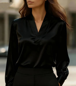 Chemise élégante à col en V et manches longues pour femmes, en satin doux, chic pour le bureau - Product Image 3