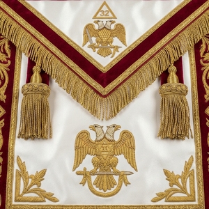 SMART SHINE ENTERPRISES Luxury 32 Customized Masonic <b>Apron</b> <b>White</b> Fabric Gold Embroidered V-Flap Square Badge Fringe for Garment - Product Image 3