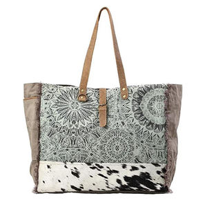 Western Style Genuine Cowhide <b>Handbag</b> Mandala Print <b>Canvas</b> Shoulder Tote with Frayed Edges and Buckle Closure - Product Image 1