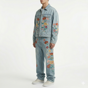 ชุดแจ็คเก็ตยีนส์เดนิมผู้ชาย สไตล์สตรีทแวร์ ชุดสองชิ้น ผ้าหนาปักลายปักกลางตัวเสื้อ ซักแบบ Stone Washed รับผลิตตามแบบ OEM ODM ขายส่ง - Product Image 5