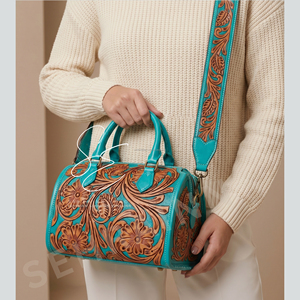 Turquoise Accent Real Leather Mini Duffle Bag Tooled Leather Western Cowgirl Purse 2026 Trendy Medium Cowhide Embossed Speedy - Product Image 4