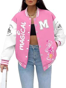 Chaqueta Universitaria Rosa con Bordado Mágico de la Letra M, Estilo Preppy, Corte Regular, Cuello Camisero, Cierre de un Solo Botón - Product Image 2