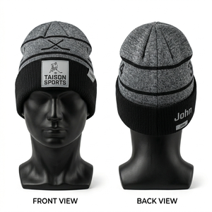 Bonnet de hockey sur glace en tricot acrylique premium 280 GSM, gris et noir, avec panneaux rayés, logo brodé personnalisé - Product Image 6