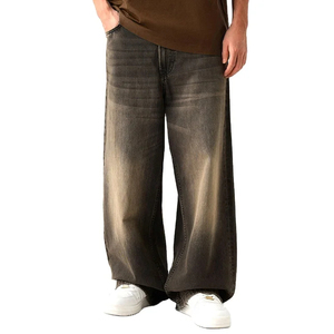 Men's Gray Washed <b>Denim</b> Wide Leg Pants Elastic Waist Casual Style Cotton <b>Material</b> Breathable Autumn Fashion - Product Image 1